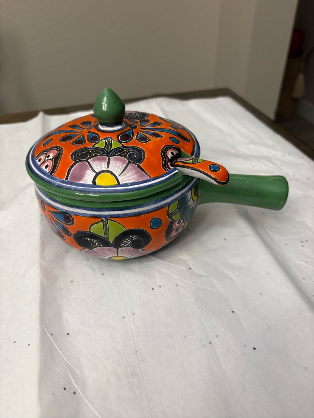 MEXICANA Orange Green Multicolor Hand-Painted Talavera Saucepan with Lid